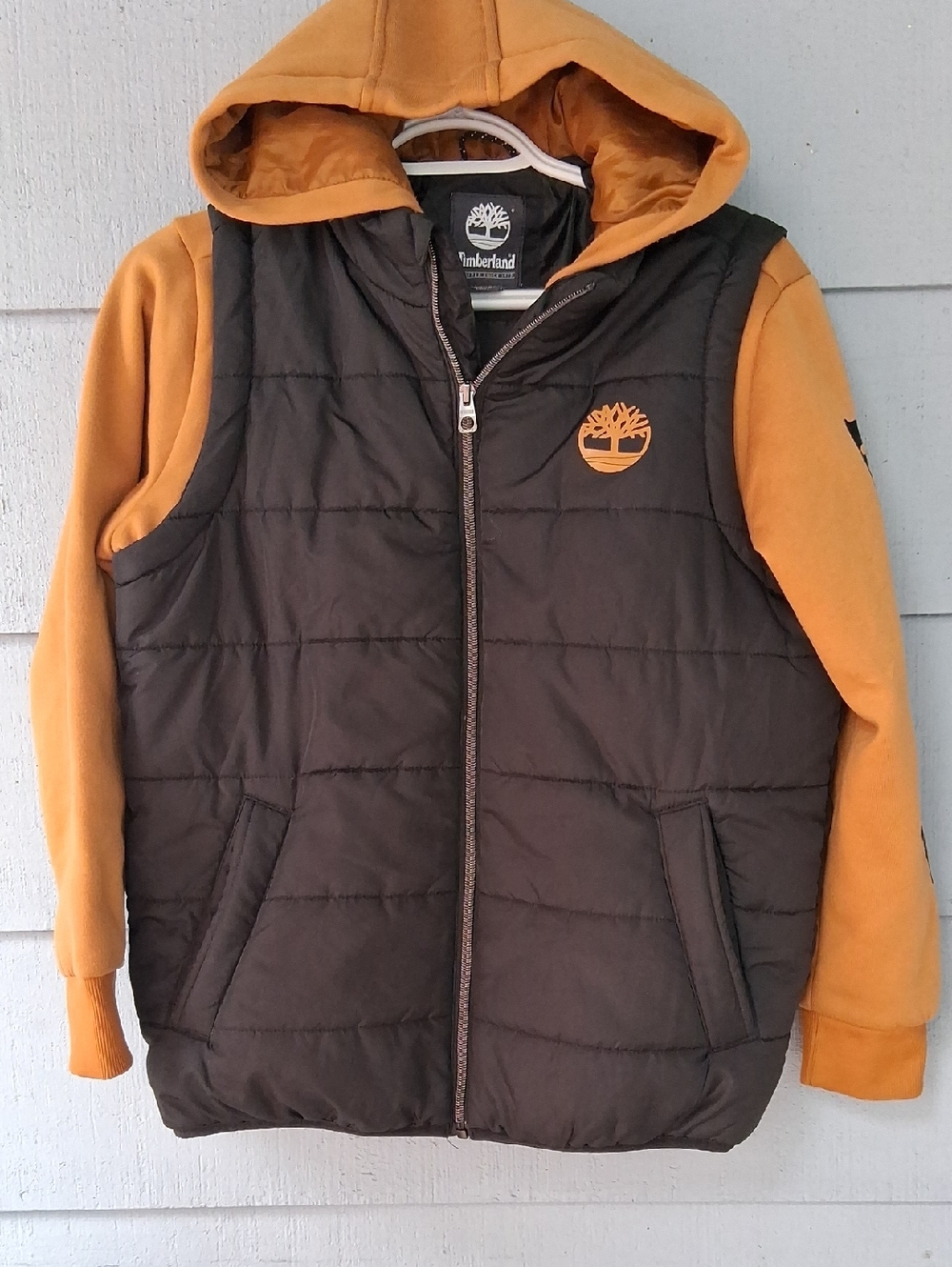 Timberland Brown Quilted Puffer Vest with Mustard Hood & Sleeves
